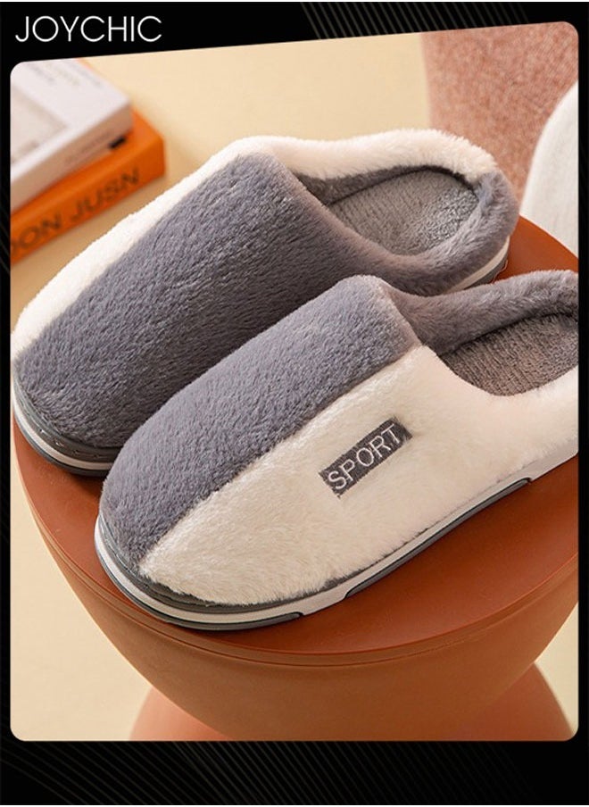 Joychic Stitching Color Design Cotton Slippers for Men Autumn and Winter Home Indoor Warm Non-slip Thick-soled Bedroom Slippers White+Grey  - Image 1
