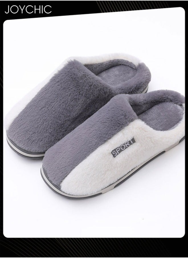Joychic Stitching Color Design Cotton Slippers for Men Autumn and Winter Home Indoor Warm Non-slip Thick-soled Bedroom Slippers White+Grey  - Image 3