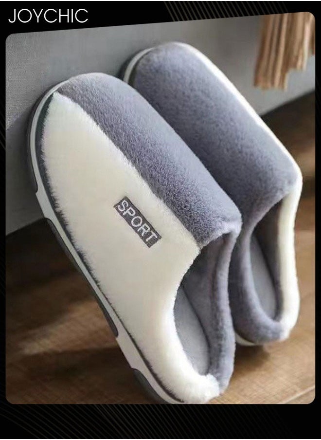 Joychic Stitching Color Design Cotton Slippers for Men Autumn and Winter Home Indoor Warm Non-slip Thick-soled Bedroom Slippers White+Grey  - Image 2