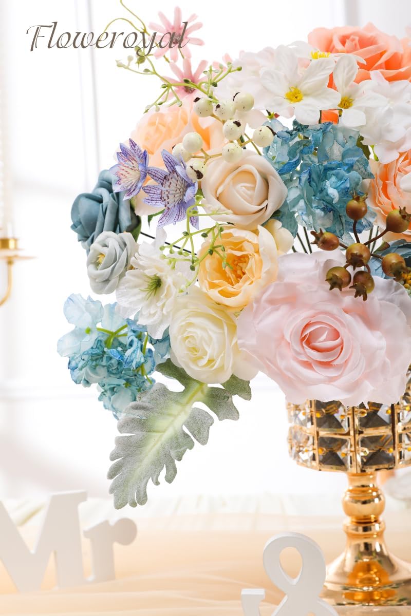 Floweroyal Artificial Flowers Combo Fairy Blue Flowers Mix Silk Flowers Fake Roses with Stems for DIY Wedding Bridal Bouquets, Baby Shower, Floral Arrangement, Table Centerpieces, Home Decorations. - Image 2