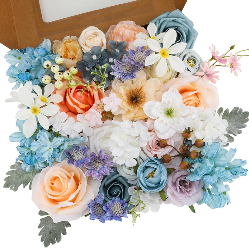 Floweroyal Artificial Flowers Combo Fairy Blue Flowers Mix Silk Flowers Fake Roses with Stems for DIY Wedding Bridal Bouquets, Baby Shower, Floral Arrangement, Table Centerpieces, Home Decorations. - Image 1