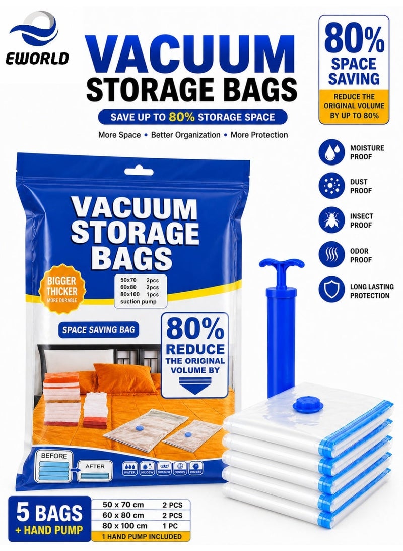 Eworld Vacuum Storage Bags Set with Hand Pump, Reusable Space Saver Compression Bags, Airtight Double Zip Seal & Leak-Proof Valve for Clothes, Blankets, Comforters, Pillows, Bedding, Seasonal Storage, Moving & Travel 2 (50 × 70 cm), 2 (60 × 80 cm), 1 (80 × 100 cm) and 1 Hand Pump - Image 1