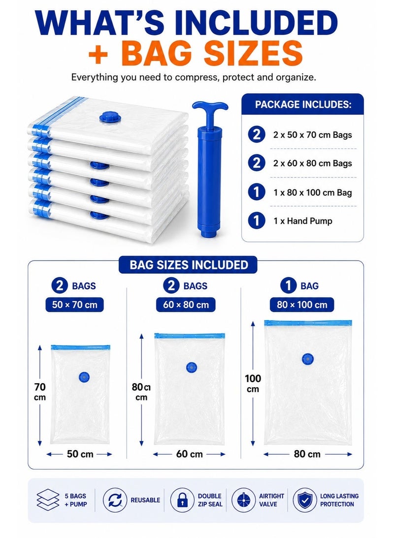 Eworld Vacuum Storage Bags Set with Hand Pump, Reusable Space Saver Compression Bags, Airtight Double Zip Seal & Leak-Proof Valve for Clothes, Blankets, Comforters, Pillows, Bedding, Seasonal Storage, Moving & Travel 2 (50 × 70 cm), 2 (60 × 80 cm), 1 (80 × 100 cm) and 1 Hand Pump - Image 2