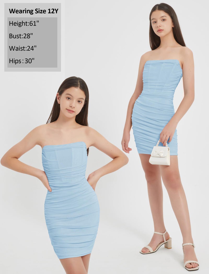 EXARUS Girls Teen Tween Dresses Dance Formal Party Strapless Bodycon Tight Ruched Tube Off The Shoulder Mesh Short Mini Pencil Dress Sky Blue 8Y - Image 5