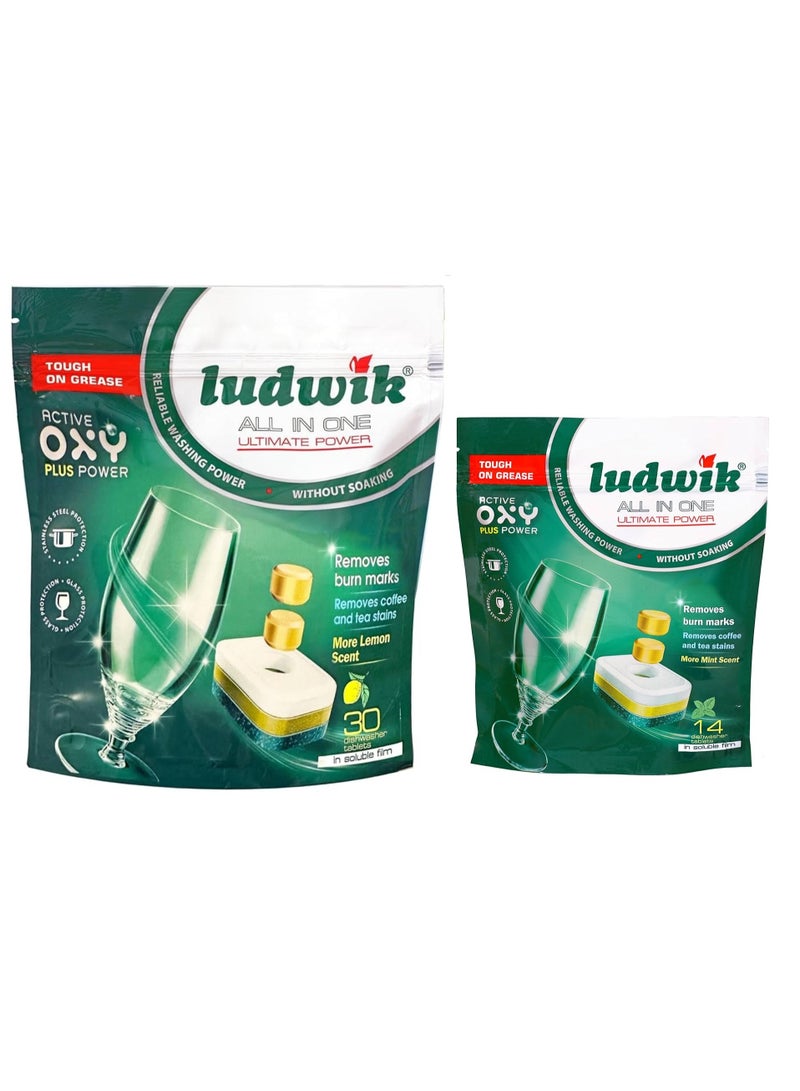 ludwik Ludwik All in One Dishwasher Tablets with Lemon Extract, 30 Tablets + 14 Tablets with Mint Extract  - Image 1