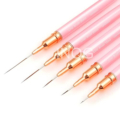 INOG Nail Art Liner Brushes, 5Pcs Painting Nail Art Brush Set Nail Dotting Drawing Tool for Long Lines, Thin Details, Fine Drawing Sizes 4/8/12/20/25mm(Pink) Nylon, Fine Point Bristle - Image 1