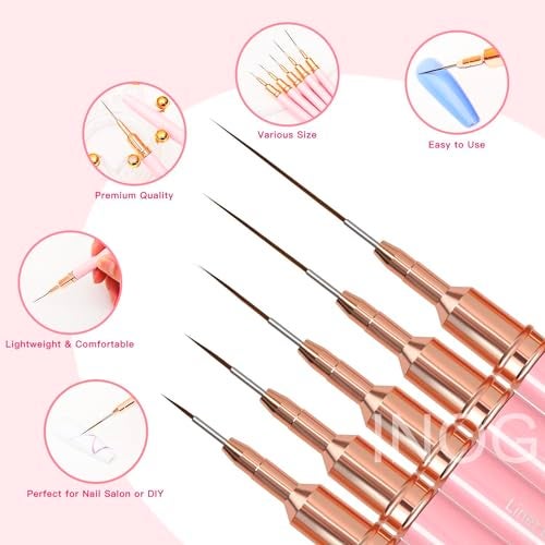 INOG Nail Art Liner Brushes, 5Pcs Painting Nail Art Brush Set Nail Dotting Drawing Tool for Long Lines, Thin Details, Fine Drawing Sizes 4/8/12/20/25mm(Pink) Nylon, Fine Point Bristle - Image 2