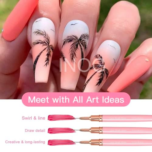 INOG Nail Art Liner Brushes, 5Pcs Painting Nail Art Brush Set Nail Dotting Drawing Tool for Long Lines, Thin Details, Fine Drawing Sizes 4/8/12/20/25mm(Pink) Nylon, Fine Point Bristle - Image 3