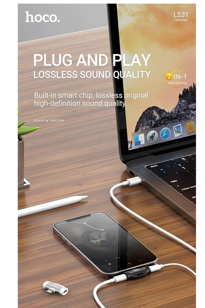 Hoco LS31 - Dual Lightning Digital Audio Converter, Compatible With Apple iPhone 13/12/11/x/8/7 - Blue - Image 5