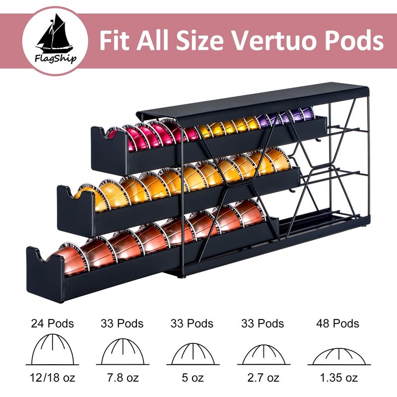 FlagShip 3-Tier Nespresso Pod Holder & Vertuo Coffee Capsule Organizer - Black Metal Space-Saving Storage Holds 30+ Pods Fits All Size Vertuo Pod - Image 4