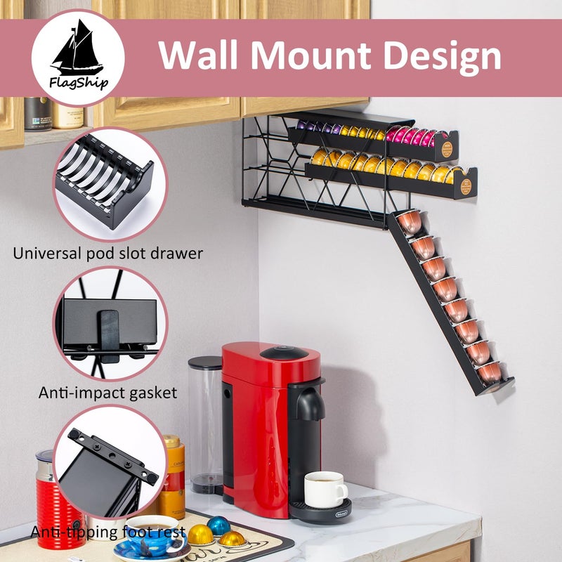FlagShip 3-Tier Nespresso Pod Holder & Vertuo Coffee Capsule Organizer - Black Metal Space-Saving Storage Holds 30+ Pods Fits All Size Vertuo Pod - Image 3
