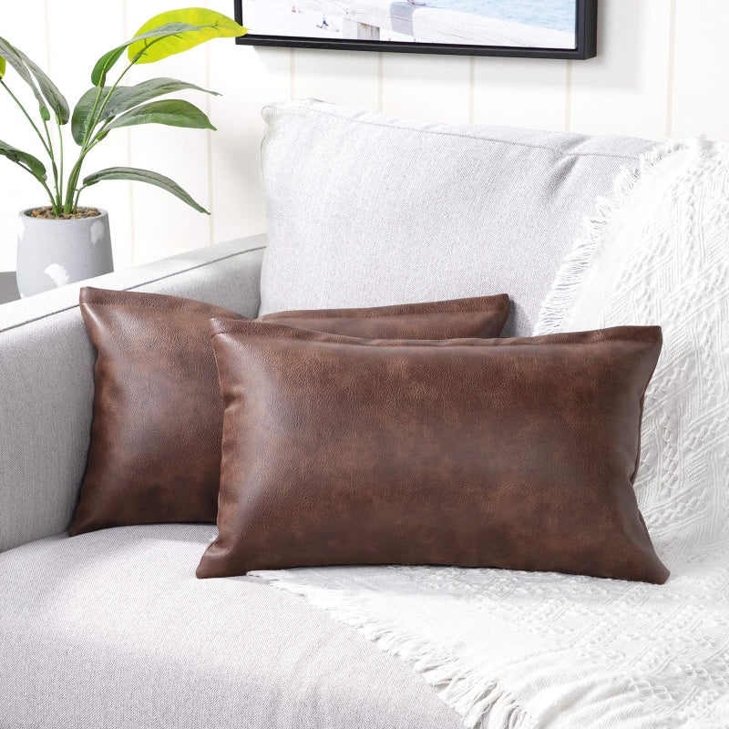 Yaertun Set of 2 Lumbar Faux Leather Decorative Throw Pillow Covers Modern Solid Outdoor Cushion Cases Luxury Pillowcases for Couch Sofa Bed 12x20 Inches Dark Brown