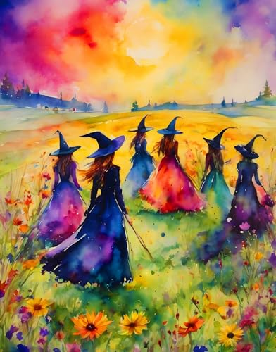 Springboks Witches Gathering 500 Piece Puzzle for Adults is a Watercolor Image of Witches Gathering in a Blossoming Field - Image 1