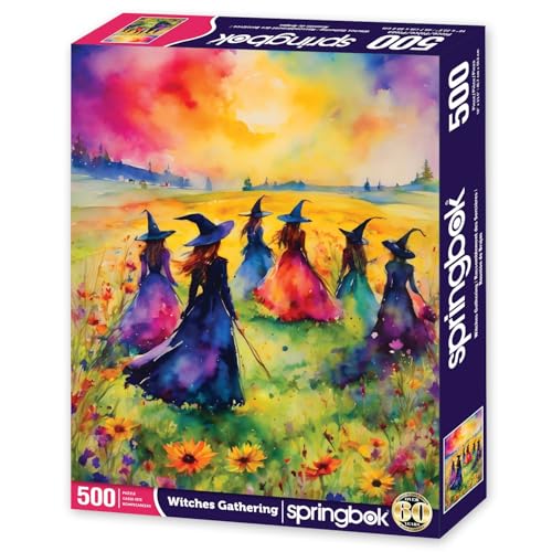Springboks Witches Gathering 500 Piece Puzzle for Adults is a Watercolor Image of Witches Gathering in a Blossoming Field - Image 5