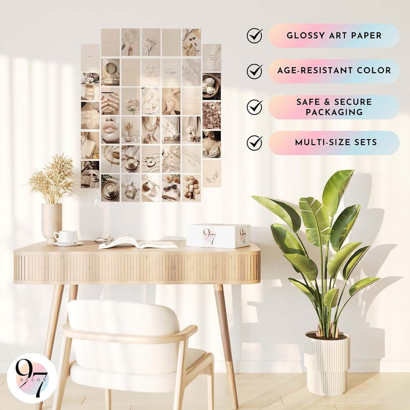 97 Decor 97 ديكور فانيلا غيرل - مجموعة كولاج حائط محايدة باللون البيج مكونة من 40 قطعة، ملصقات فتاة نظيفة، مطبوعات تان بوهو، صور كريمية، ديكور سكن جامعي جمالي لفانيلا غيرل لغرفة نوم الفتيات الجامعيات (4×6 بوصة) - Image 5