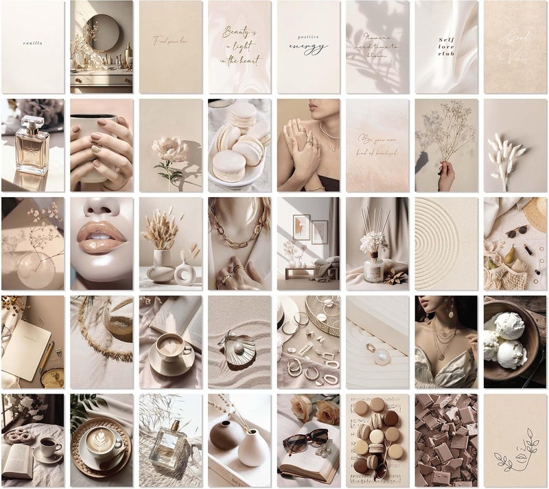 97 Decor 97 ديكور فانيلا غيرل - مجموعة كولاج حائط محايدة باللون البيج مكونة من 40 قطعة، ملصقات فتاة نظيفة، مطبوعات تان بوهو، صور كريمية، ديكور سكن جامعي جمالي لفانيلا غيرل لغرفة نوم الفتيات الجامعيات (4×6 بوصة) - Image 1