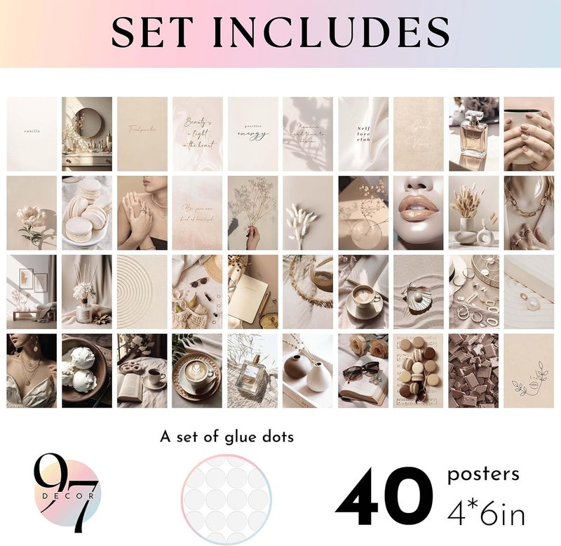 97 Decor 97 ديكور فانيلا غيرل - مجموعة كولاج حائط محايدة باللون البيج مكونة من 40 قطعة، ملصقات فتاة نظيفة، مطبوعات تان بوهو، صور كريمية، ديكور سكن جامعي جمالي لفانيلا غيرل لغرفة نوم الفتيات الجامعيات (4×6 بوصة) - Image 2