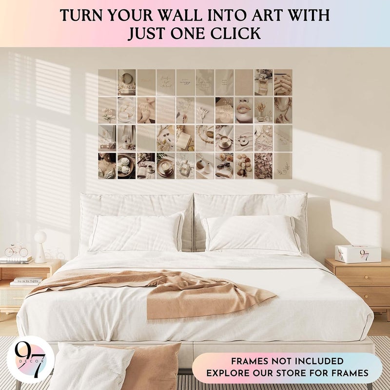 97 Decor 97 ديكور فانيلا غيرل - مجموعة كولاج حائط محايدة باللون البيج مكونة من 40 قطعة، ملصقات فتاة نظيفة، مطبوعات تان بوهو، صور كريمية، ديكور سكن جامعي جمالي لفانيلا غيرل لغرفة نوم الفتيات الجامعيات (4×6 بوصة) - Image 3