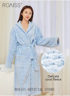 roaiss Thicken Absorbent Bathrobe Unisex Cloud Pattern Coral Fleece Sleepwear Autumn Winter Ladies Lightweight Soft Non Shedding Robe with Hood  - Image 4