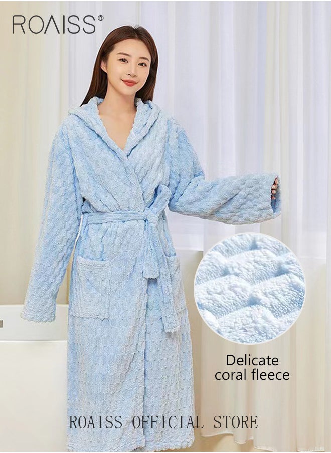 roaiss Thicken Absorbent Bathrobe Unisex Cloud Pattern Coral Fleece Sleepwear Autumn Winter Ladies Lightweight Soft Non Shedding Robe with Hood  - Image 4