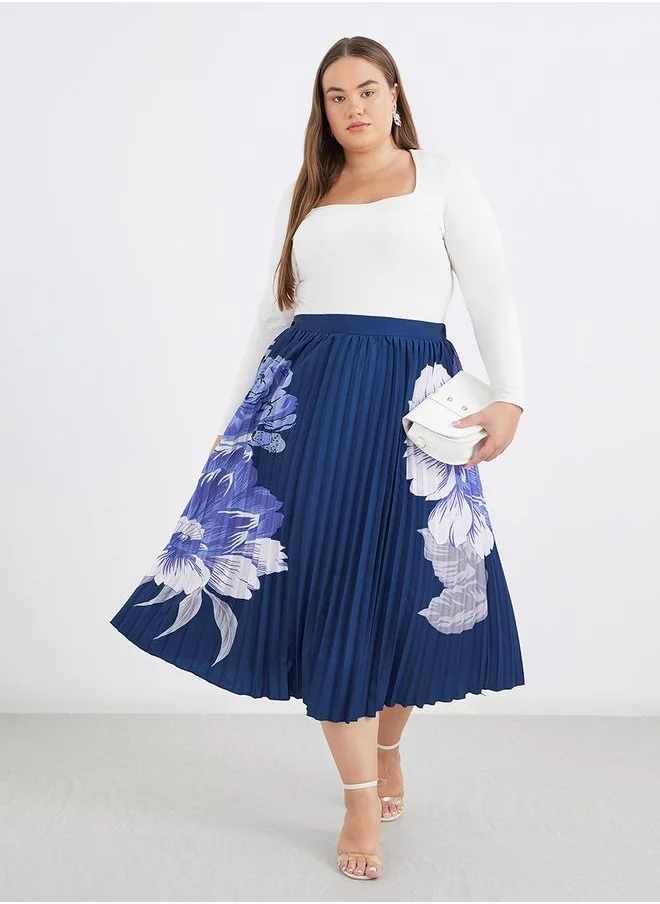 ستايلي Styli Plus Navy Midi Skirt with Pleated and Floral Print