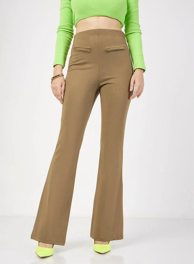 Sassafras Beige High-Waist Flared Trousers with Faux Pockets