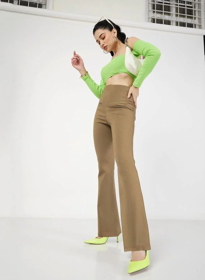Sassafras Beige High-Waist Flared Trousers with Faux Pockets