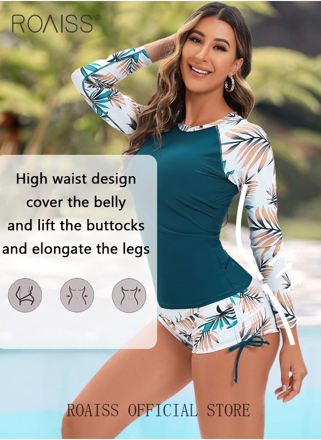 roaiss Women One Piece Swimsuit with Side Tie Boxer Shorts One Piece Beach Suit Women Long Sleeved Sun Protection Surfing Wetsuit  - Image 3