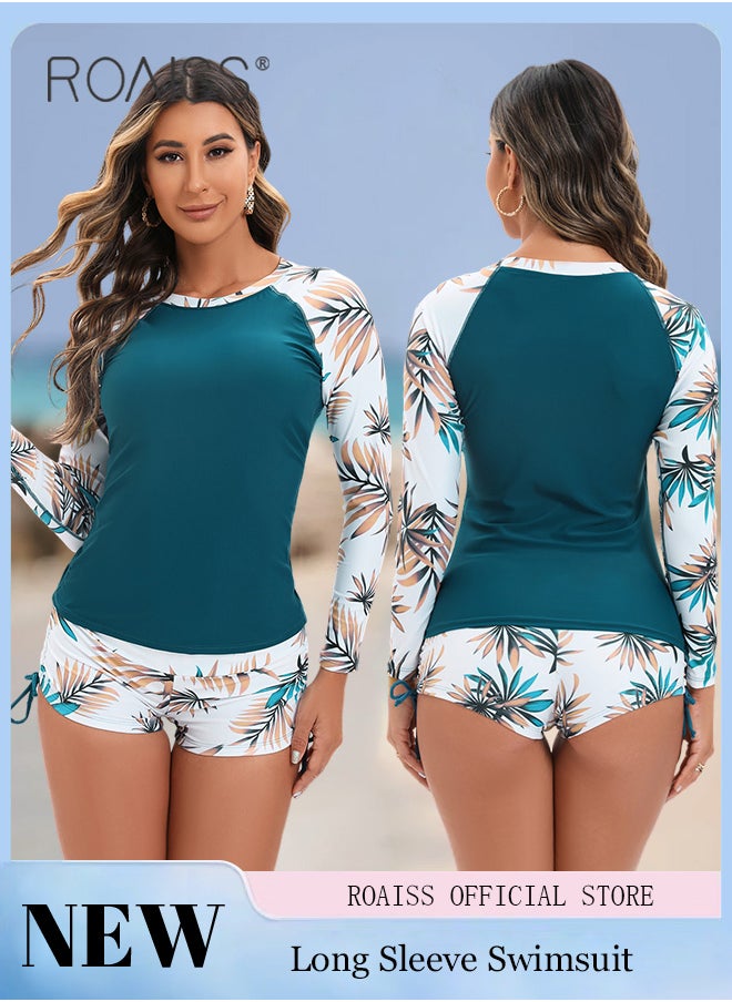 roaiss Women One Piece Swimsuit with Side Tie Boxer Shorts One Piece Beach Suit Women Long Sleeved Sun Protection Surfing Wetsuit  - Image 2