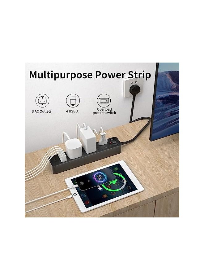 Garlo - Extension cord 3 ways outlets(13A/3250W MAX) 4 USB ports, Black extension lead power strip with 2m multi plugs extension cable, overload protection fused socket extender cord extension board for home - Image 1