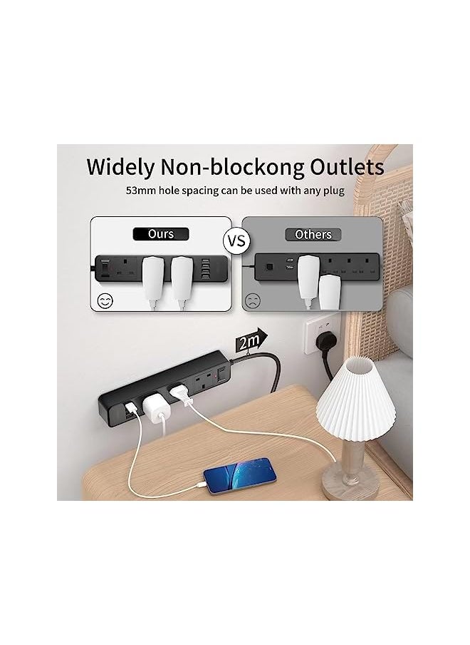 Garlo - Extension cord 3 ways outlets(13A/3250W MAX) 4 USB ports, Black extension lead power strip with 2m multi plugs extension cable, overload protection fused socket extender cord extension board for home - Image 1
