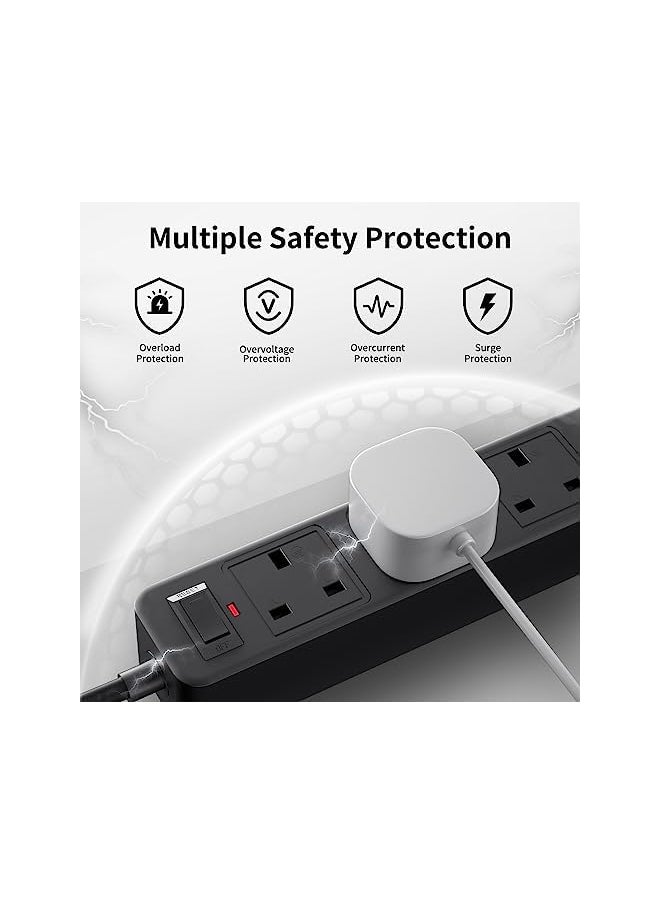Garlo - Extension cord 3 ways outlets(13A/3250W MAX) 4 USB ports, Black extension lead power strip with 2m multi plugs extension cable, overload protection fused socket extender cord extension board for home - Image 1