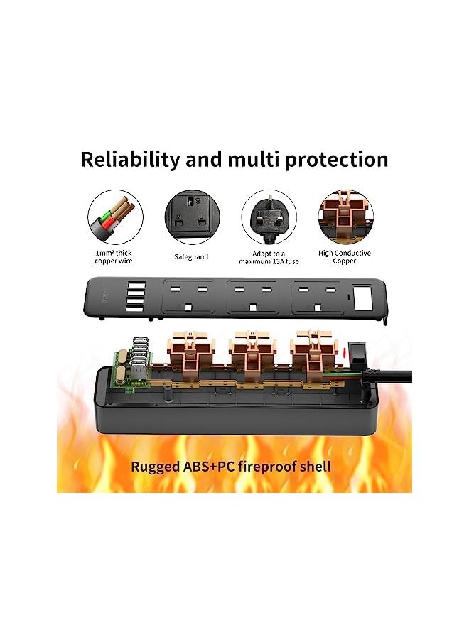 Garlo - Extension cord 3 ways outlets(13A/3250W MAX) 4 USB ports, Black extension lead power strip with 2m multi plugs extension cable, overload protection fused socket extender cord extension board for home - Image 1