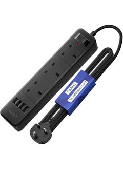 Extension cord 3 ways outlets(13A/3250W MAX) 4 USB ports, Black extension lead power strip with 2m multi plugs extension cable, overload protection fused socket extender cord extension board for home