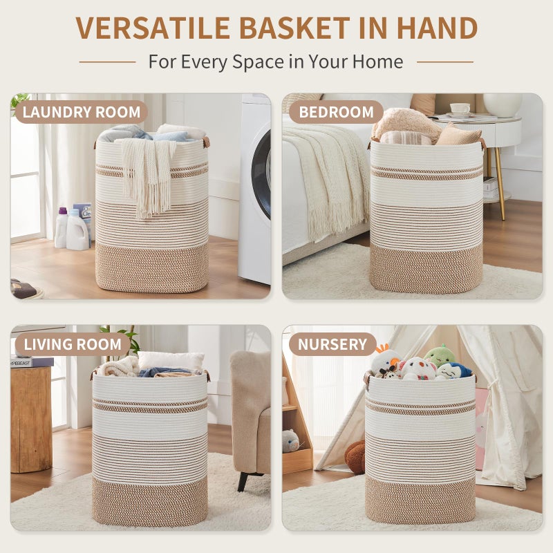 AINUOQI Laundry Basket with Handles - Blanket Basket & Hampers for Bedroom Aesthetic, Laundry Hamper & Blanket Storage for Living Room, Clothes Hamper, Tall, Large 17" x 14" x 22â€, Brown & White - Image 3