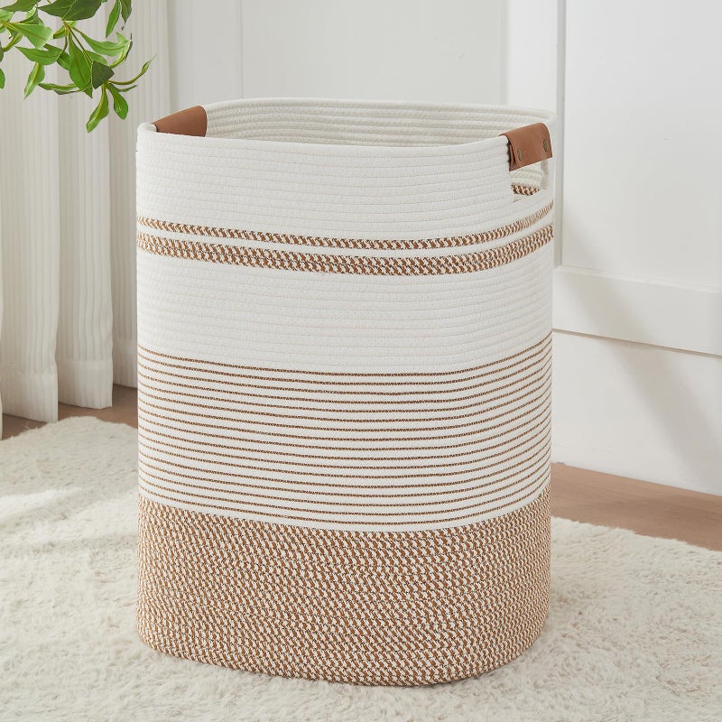 AINUOQI Laundry Basket with Handles - Blanket Basket & Hampers for Bedroom Aesthetic, Laundry Hamper & Blanket Storage for Living Room, Clothes Hamper, Tall, Large 17" x 14" x 22â€, Brown & White - Image 1