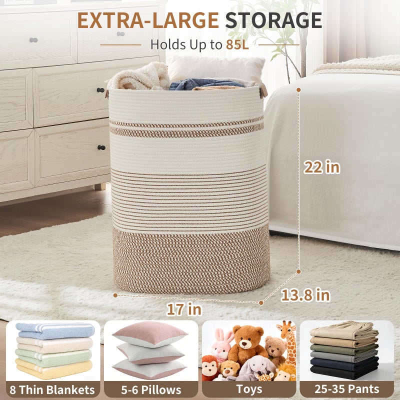 AINUOQI Laundry Basket with Handles - Blanket Basket & Hampers for Bedroom Aesthetic, Laundry Hamper & Blanket Storage for Living Room, Clothes Hamper, Tall, Large 17" x 14" x 22â€, Brown & White - Image 2