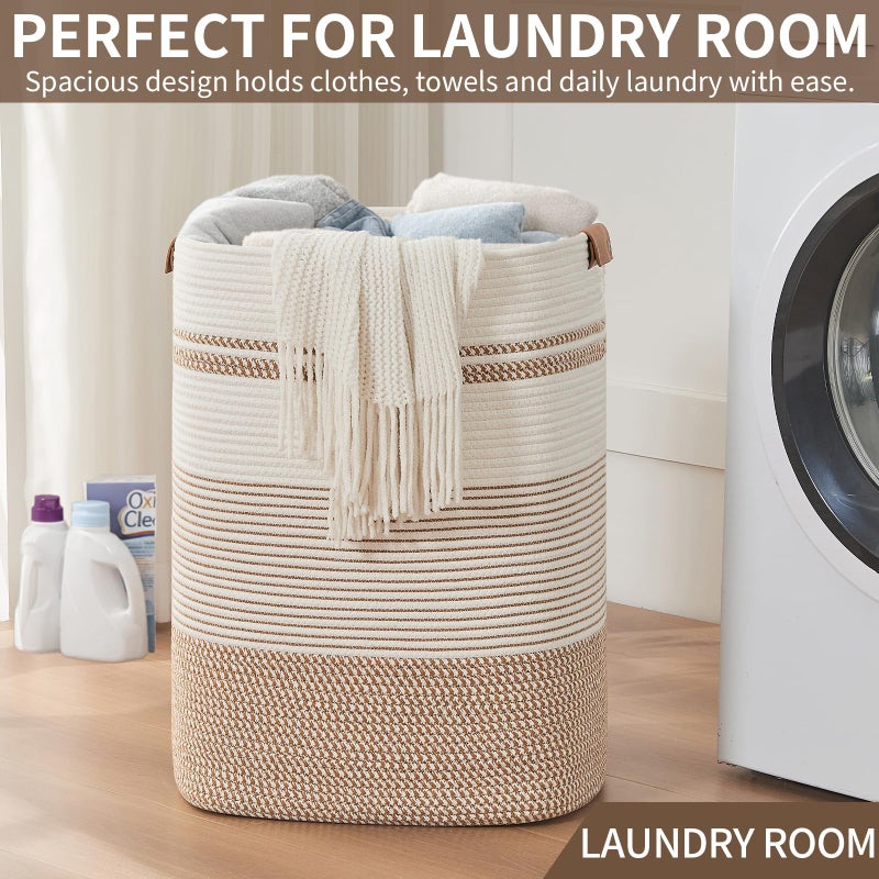 AINUOQI Laundry Basket with Handles - Blanket Basket & Hampers for Bedroom Aesthetic, Laundry Hamper & Blanket Storage for Living Room, Clothes Hamper, Tall, Large 17" x 14" x 22â€, Brown & White - Image 5