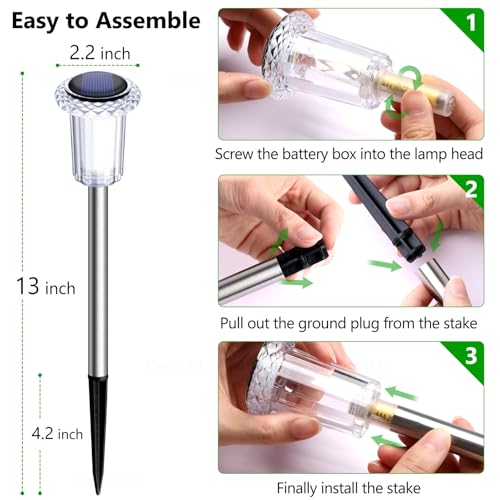 DenicMic Solar Lights Outdoor 15 Pack Waterproof 6000K Cold White LED Stainless Steel Stake for Pathway Yard Garden Driveway Solar Powered Outside Decor - Image 5
