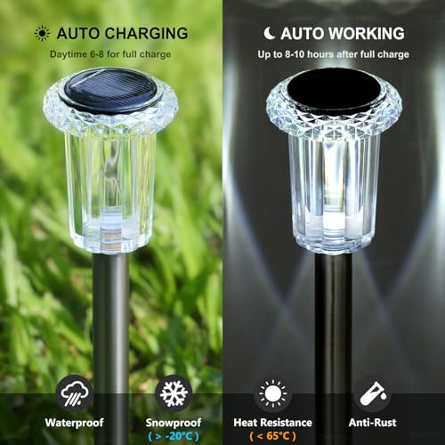 DenicMic Solar Lights Outdoor 15 Pack Waterproof 6000K Cold White LED Stainless Steel Stake for Pathway Yard Garden Driveway Solar Powered Outside Decor - Image 3
