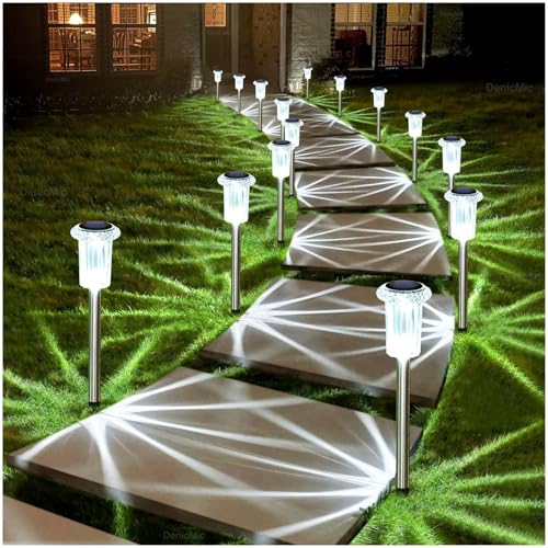 DenicMic Solar Lights Outdoor 15 Pack Waterproof 6000K Cold White LED Stainless Steel Stake for Pathway Yard Garden Driveway Solar Powered Outside Decor - Image 1