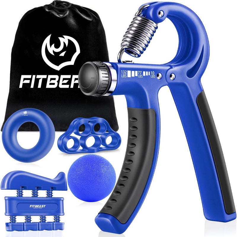 FitBeast Hand Grip Strengthener Workout Kit (5 Pack) FitBeast Forearm Grip Adjustable Resistance Hand Gripper, Finger Exerciser, Finger Stretcher, Grip Ring & Stress Relief Grip Ball for Athletes (Navy Blue) - Image 1