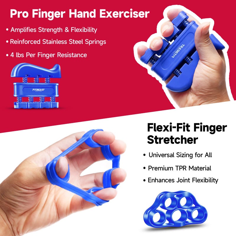 FitBeast Hand Grip Strengthener Workout Kit (5 Pack) FitBeast Forearm Grip Adjustable Resistance Hand Gripper, Finger Exerciser, Finger Stretcher, Grip Ring & Stress Relief Grip Ball for Athletes (Navy Blue) - Image 3