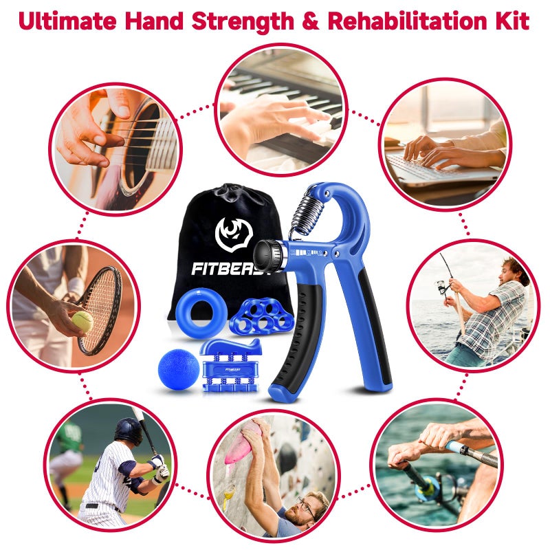 FitBeast Hand Grip Strengthener Workout Kit (5 Pack) FitBeast Forearm Grip Adjustable Resistance Hand Gripper, Finger Exerciser, Finger Stretcher, Grip Ring & Stress Relief Grip Ball for Athletes (Navy Blue) - Image 5