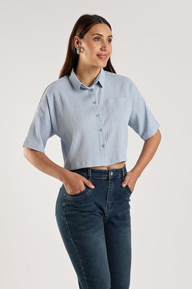 fyltr Women's Casual Solid Textured Crop Shirt -Boxy Fit | Half Sleeves  Drop Shoulder  |  Tops for Jeans - Image 4
