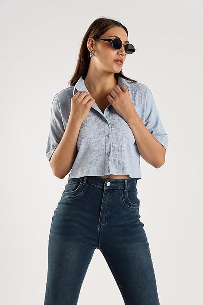 fyltr Women's Casual Solid Textured Crop Shirt -Boxy Fit | Half Sleeves  Drop Shoulder  |  Tops for Jeans - Image 2