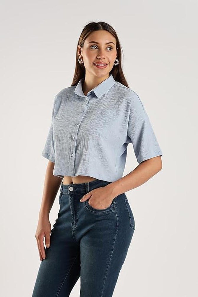 fyltr Women's Casual Solid Textured Crop Shirt -Boxy Fit | Half Sleeves  Drop Shoulder  |  Tops for Jeans - Image 3