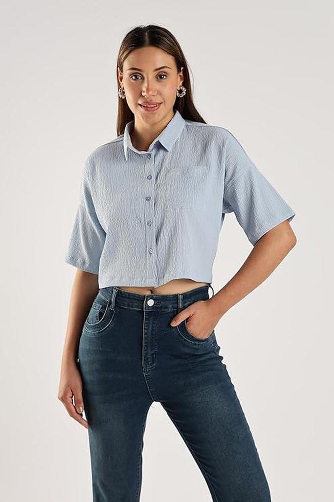 fyltr Women's Casual Solid Textured Crop Shirt -Boxy Fit | Half Sleeves  Drop Shoulder  |  Tops for Jeans - Image 1