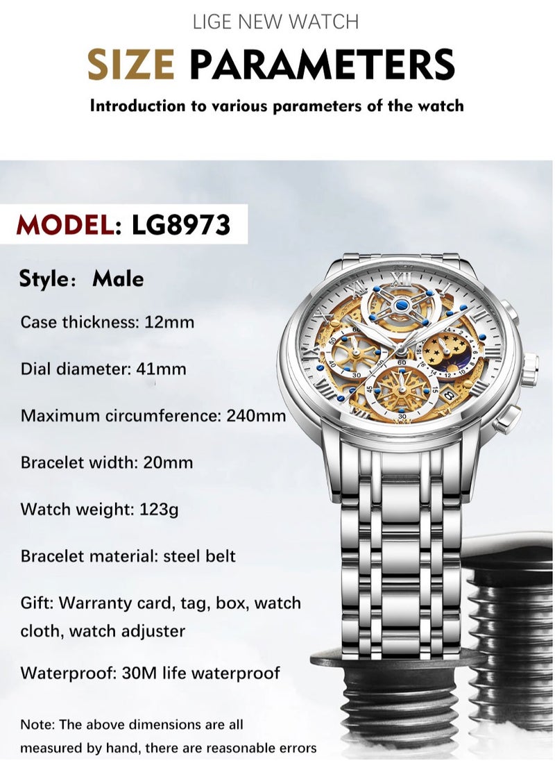 LIGE - Fashion Men Watch Luxury Waterproof Sport Wristwatch Hollow Out Luminous Stainless Steel Quartz Watch + Box - Image 1