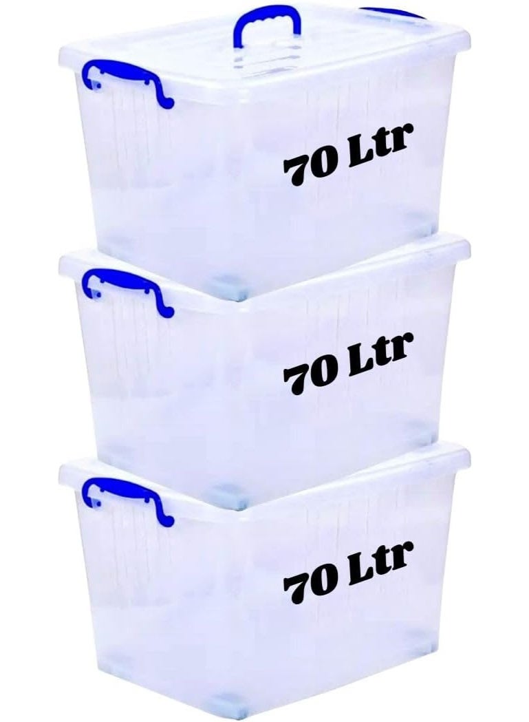 هيواري مجموعة صناديق تخزين بلاستيكية شفافة من HIWARE سعة 70 لترًا، 3 قطع، بأغطية قابلة للقفل | حاويات تنظيم شفافة للملابس والألعاب والأدوات والفنون والحرف اليدوية | حل تخزين قابل للتكديس بمقابض - Image 1